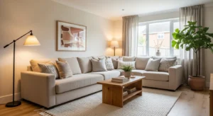 Beige sofa as centerpiece in living room