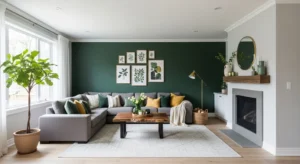 Dark green wall adding depth to room