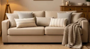 Neutral cushions adding depth to beige sofa