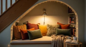 Under stairs reading nook with cozy seating and warm lighting