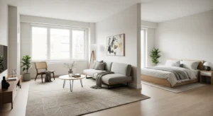 Rug used to separate living and sleeping areas in small space