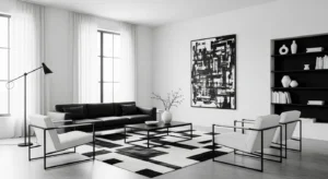 Black and white living room with bold modern contrast