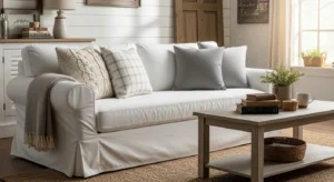 Slipcovered sofa adding comfort to farmhouse living room