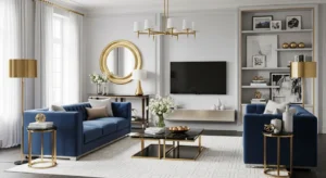 Blue sofa with gold accents creating a luxurious living room