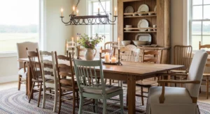 Mix and match dining chairs creating casual farmhouse dining space