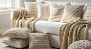 White sofa with textured beige and cream cushions in a cozy living room.