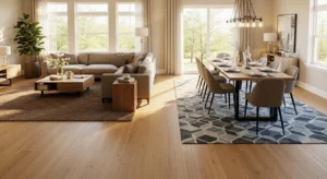 Rugs defining zones in living room dining room combo