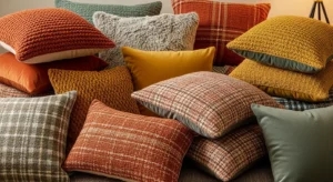 Layered cushions creating cozy fall living room look