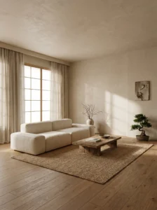 Japandi living room with low profile furniture and grounded minimal design