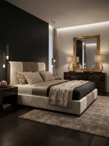 Black accent wall bedroom with gold decor accents and luxury styling