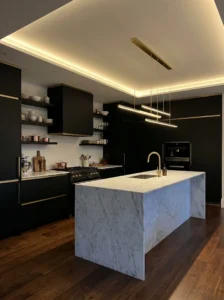 Matte black kitchen cabinets with marble countertops and modern luxury styling