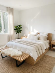 Soft white bedroom with warm wood furniture creating a cozy and balanced interior