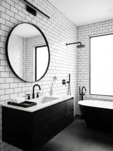 Modern black and white bathroom with bold contrast and sleek fixtures