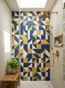 Shower remodel with bold geometric tile accent wall and modern design