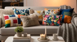 Neutral sofa decorated with colorful cushions for a vibrant cozy look
