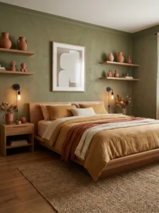 Olive green and muted clay bedroom with modern earthy styling