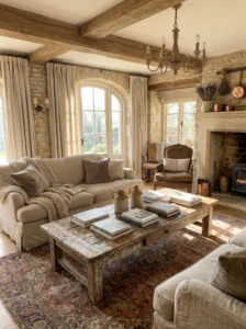 distressed wood furniture in French country living room design