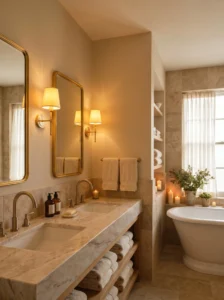  Warm beige bathroom with gold accents and soft lighting