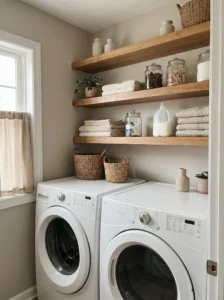 Floating shelves above washer and dryer for extra storage in small laundry room