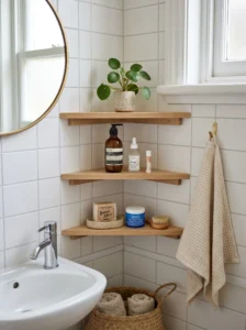 Corner bathroom shelves maximizing unused space in a small bathroom