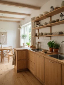 Scandinavian kitchen featuring natural wood cabinets and warm minimal design