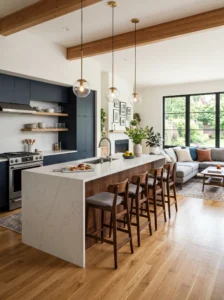 Kitchen island used as divider in open concept living space