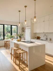 Clear glass globe pendant lights in bright modern kitchen with airy aesthetic