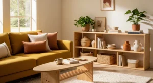 Mustard sofa with wooden accents creating a warm and cozy living room