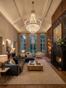 Living room with statement chandelier adding dramatic and elegant lighting