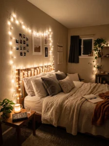 Teen bedroom with warm string lights creating a cozy relaxing glow