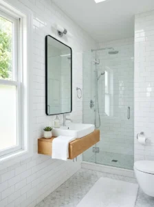 White subway tile bathroom walls creating a clean and timeless bright look