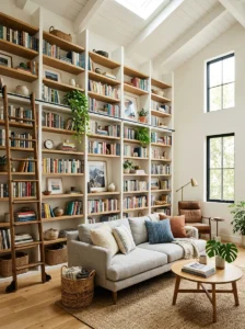 Vertical storage shelves in a small living room maximizing wall space and reducing clutter