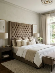 Statement headboard in a luxury bedroom adding a bold and elegant focal point