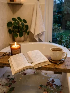 Wooden bath tray with candle and book on a relaxing bathtub setup