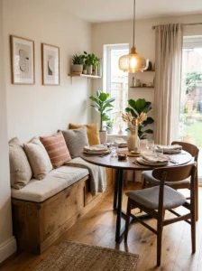 Small dining room with bench seating and cozy modern setup