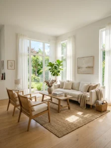 Scandinavian living room with natural light and airy design