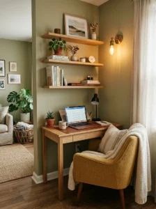 Fold-down wall desk in small living room saving space