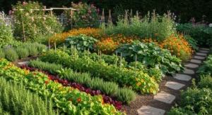 Edible and decorative plants in cottage garden