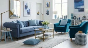 Layered blue shades in living room decor