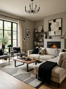 Black and neutral living room design balancing dark tones with soft elements