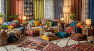 Layered colorful textiles creating a rich and cozy living room