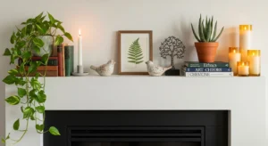 Balanced decor mix on fireplace mantle