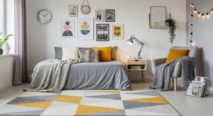 Rug defining space and adding warmth to a teen bedroom