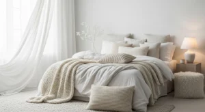 Mix of white tones and textures creating a rich calm bedroom