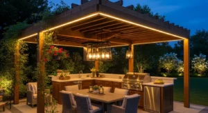 Outdoor kitchen with pergola providing shade and style