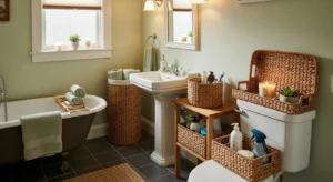 Storage baskets organizing guest bathroom