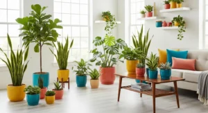 Plants in colorful pots adding life and color to a living room