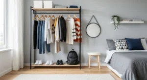 Open closet adding style and storage to a teen bedroom