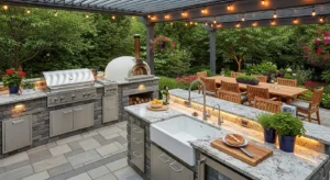 Multi-zone outdoor kitchen for organized backyard cooking