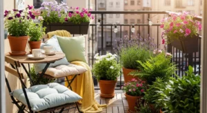 Cozy balcony decorated for spring